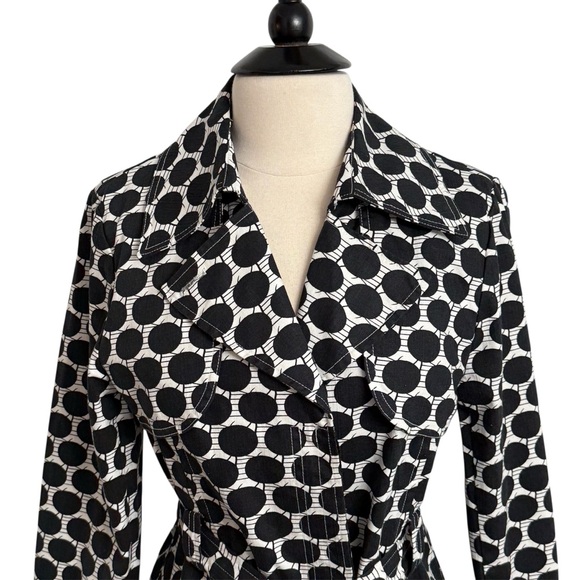 Ambition Women's Collared, Tie Waist Belt, Black and White Polka Dot Trench Coat - Picture 2 of 11